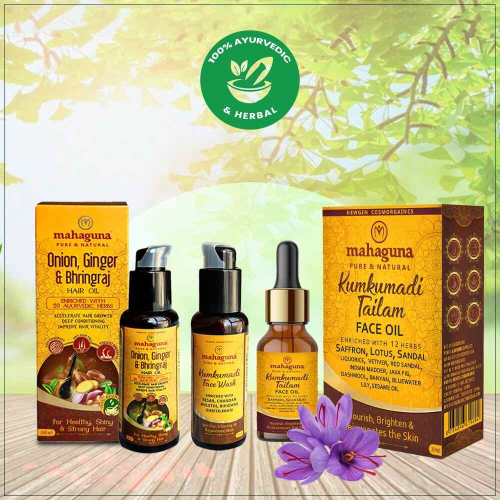COMBO) Kumkumadi Tailam Face Oil (30 ml) + Kumkumadi Face Wash (100 ml) +  Onion, Ginger & Bhringraj Hair Oil (100 ml) - Mahaguna
